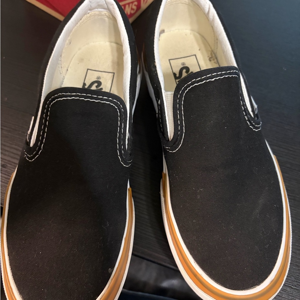 Vans Black Slip-On Shoes with White and Tan Accents lightly used